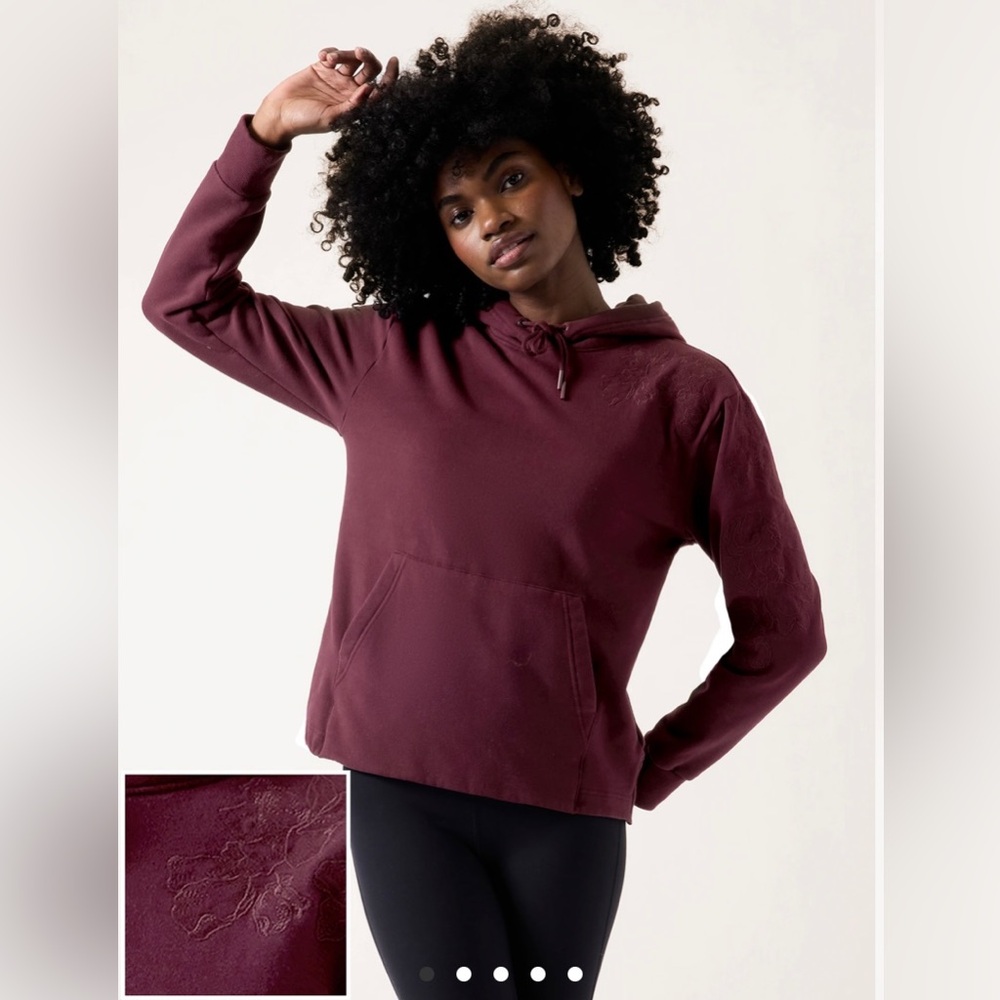 Athleta Alta Floral Maroon  hoodie with kangaroo pocket and embroidery.Size S/P